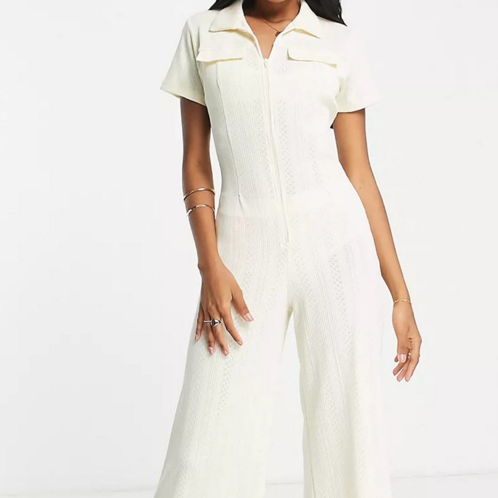 ASOS 70's zip front collared jumpsuit in pointelle Size Small US 4 Flare Beige